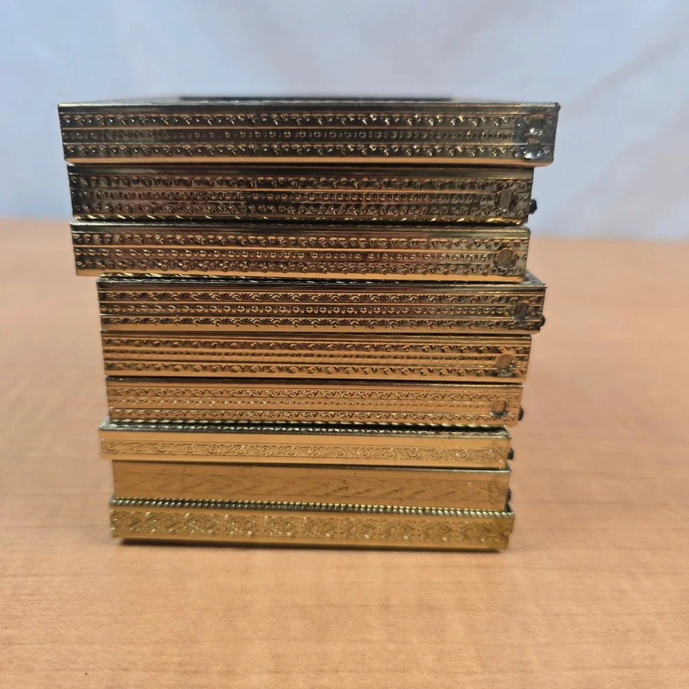 9 miniature photo picture frames with glass gold brass tone 2.5